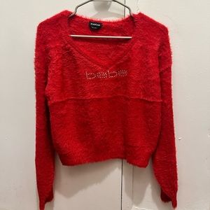 Bebe Fuzzy Red Sweater Women's Size S Rhinestone Logo Nylon Acrylic Blend